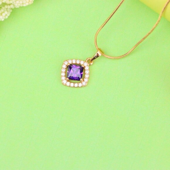 "Princess-Cut Purple Halo Pendant in Gold Plated Brass – Glam Touch, XPPT1793 - Picture 13 of 13